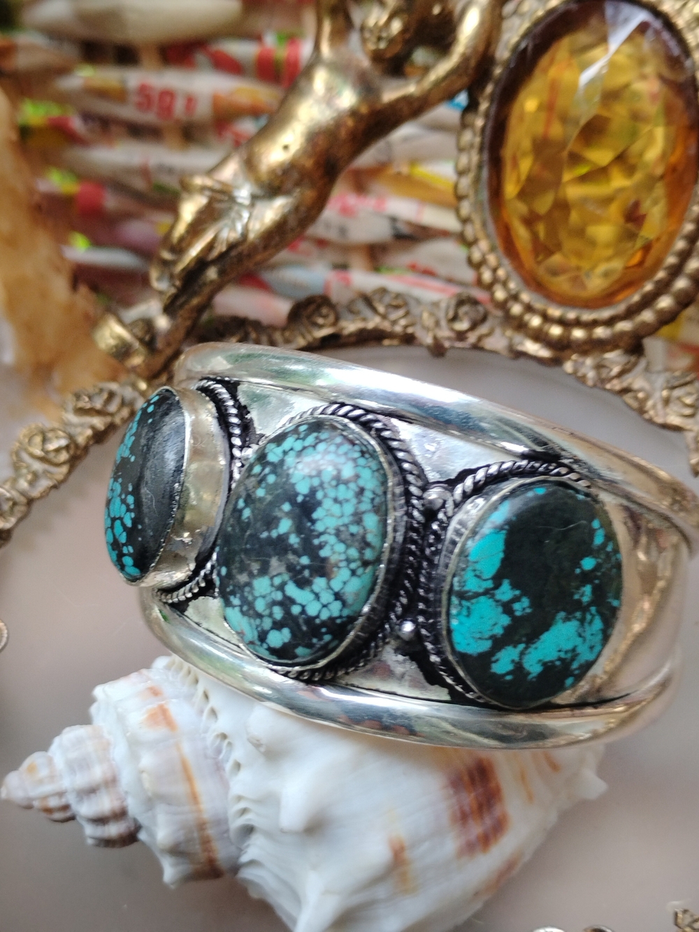 Turquoise Triple-Stone Sterling Cuff Bracelet - Blue Green